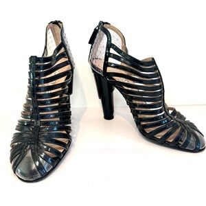 Chanel Black Patent Leather & Clear PVC Cage Block Heel Pumps W CC Logo, Sz 38